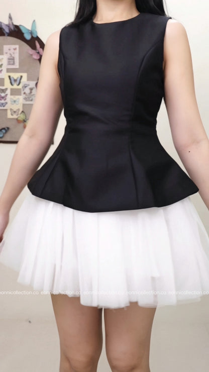 #2046 Glossy Ballet Inspired Dress Layered Tulle & Dramatic Puff Skirt -Black