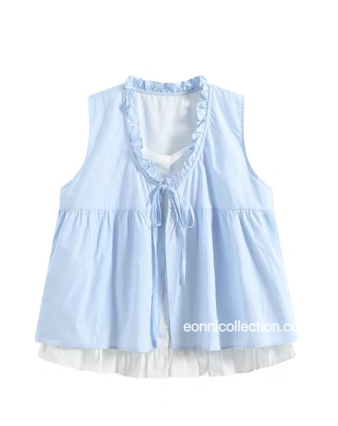 #1054 Korean Style Mock Two Piece Ruffled Sleeveless Blouse - Blue