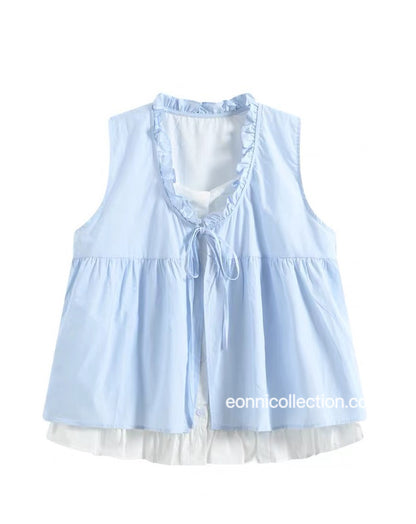 #1054 Korean Style Mock Two Piece Ruffled Sleeveless Blouse - Blue