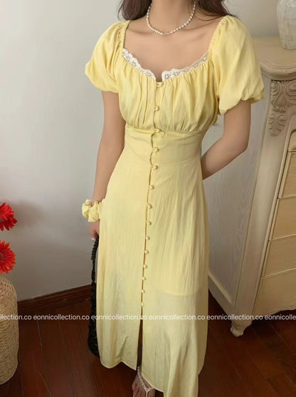 #2087 Romantic Puff Sleeve Square Neck Dress + Hair Tie Set（3 Colors）