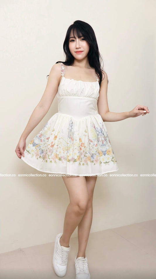 #2043 Floral A Line Dress 3D Flower Appliques & French Bardot Straps