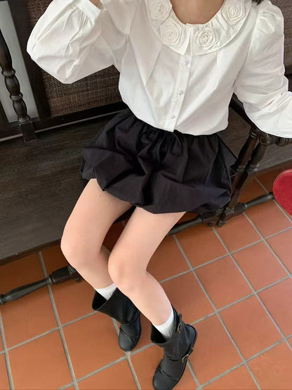 #3016 Chic Bubble Mini Skirt with Built-In Lining Shorts - Black