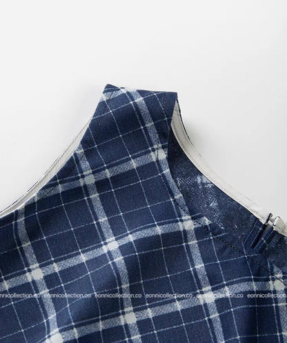 #1072 Navy Checkered Pleated Crop Top Tailored Waist & Side Slit Hem