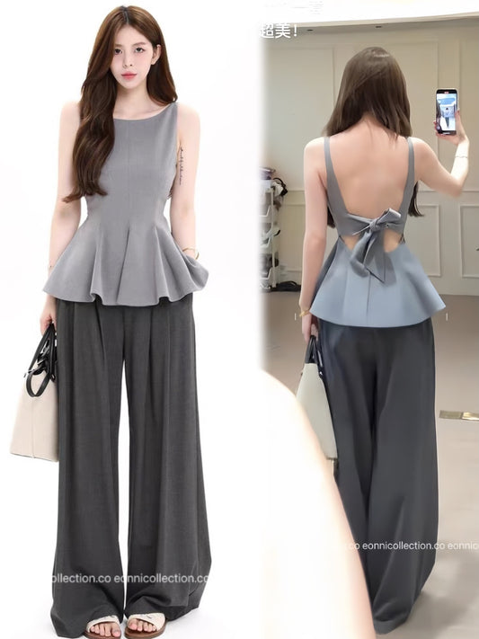 #1095 Elegant Backless Sleeveless Top – Bow & Peplum Design