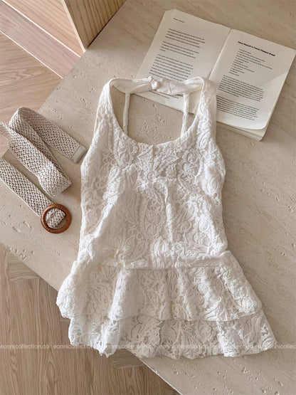 #2076 Lace Halter Camisole Set V Neck Top + Plaid Skirt with Belt