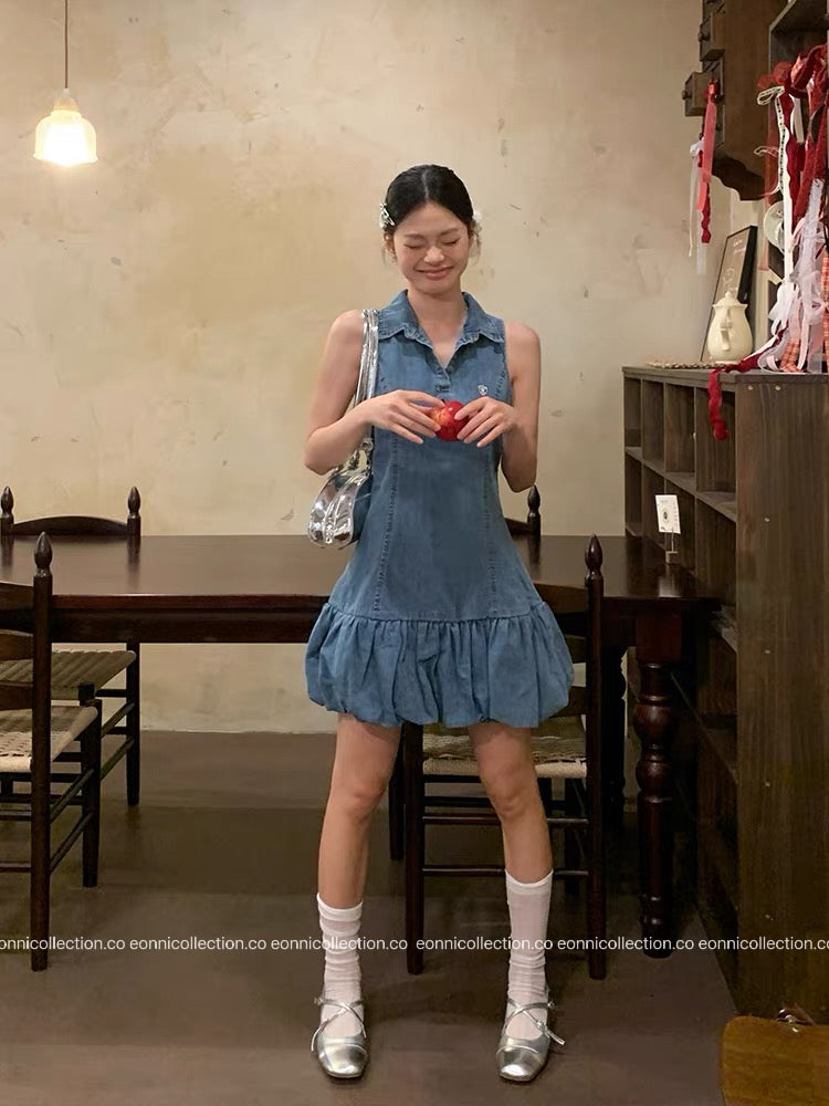 #2116 Korean Denim Bubble Hem Tank Dress