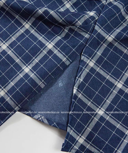 #1072 Navy Checkered Pleated Crop Top Tailored Waist & Side Slit Hem