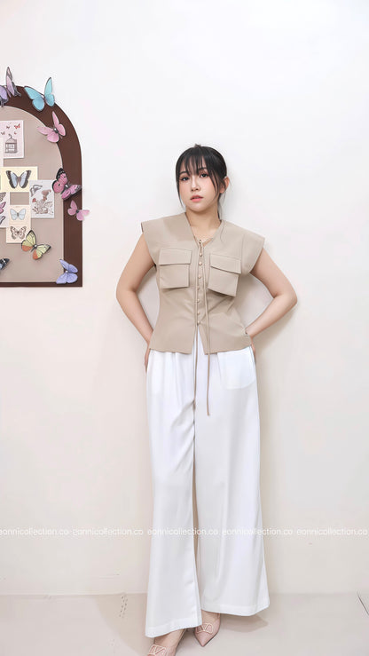 #1064 Tie Front Button Detail Flutter Sleeve Top - Khaki