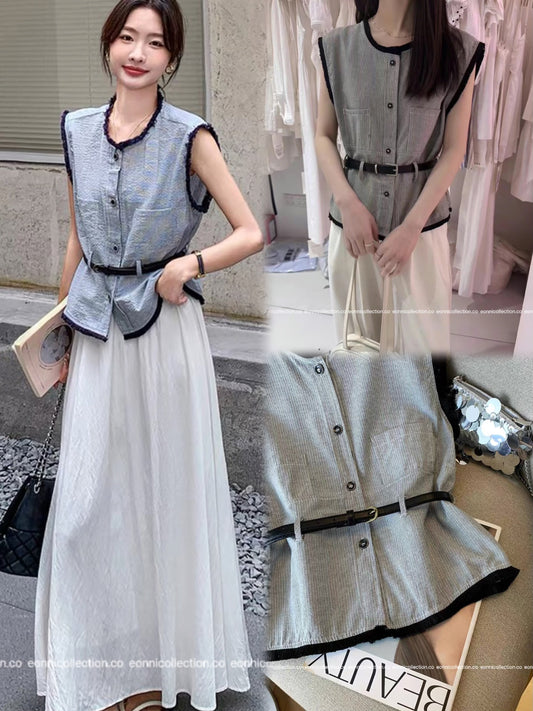 #1092 Chanel Colorblock Vest Raw Edging with Belt (2 Colors)