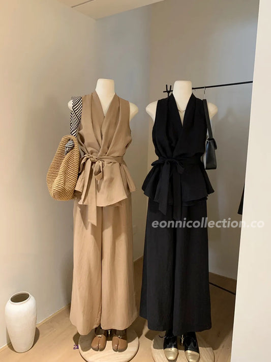 #2004 Cotton-Linen V-Neck Vest Top & Wide-Leg Pants | 2-Piece Minimalist Set（3 Colors)