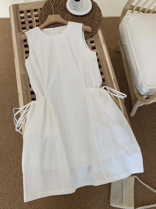 #2030 Korean Style Drawstring Pocket Tank Dress - White