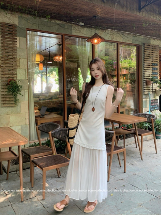 #2050 Vest Dress in Cotton Linen with Artisan Tiered Panels（3 Colors）