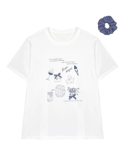 #1056 Ins Graphic Print Round Neck Oversized Tee + Hair Tie - White