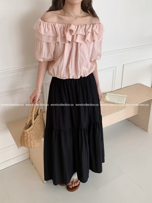 #3022 Elasticized High Waisted Cotton A Line Skirt - Black