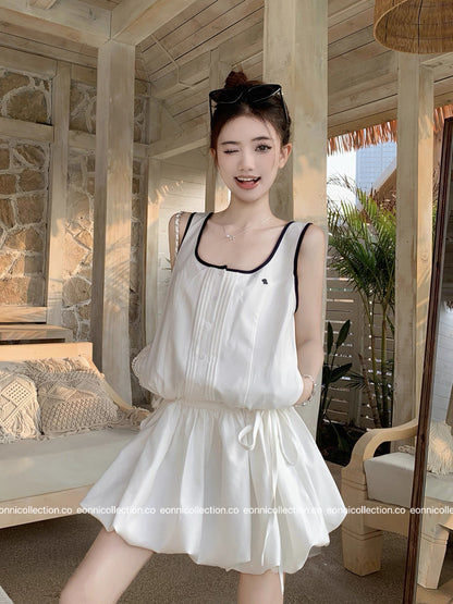 #2034 Sporty Waist Defining Peplum Puff Hem Dress（2 Colors）