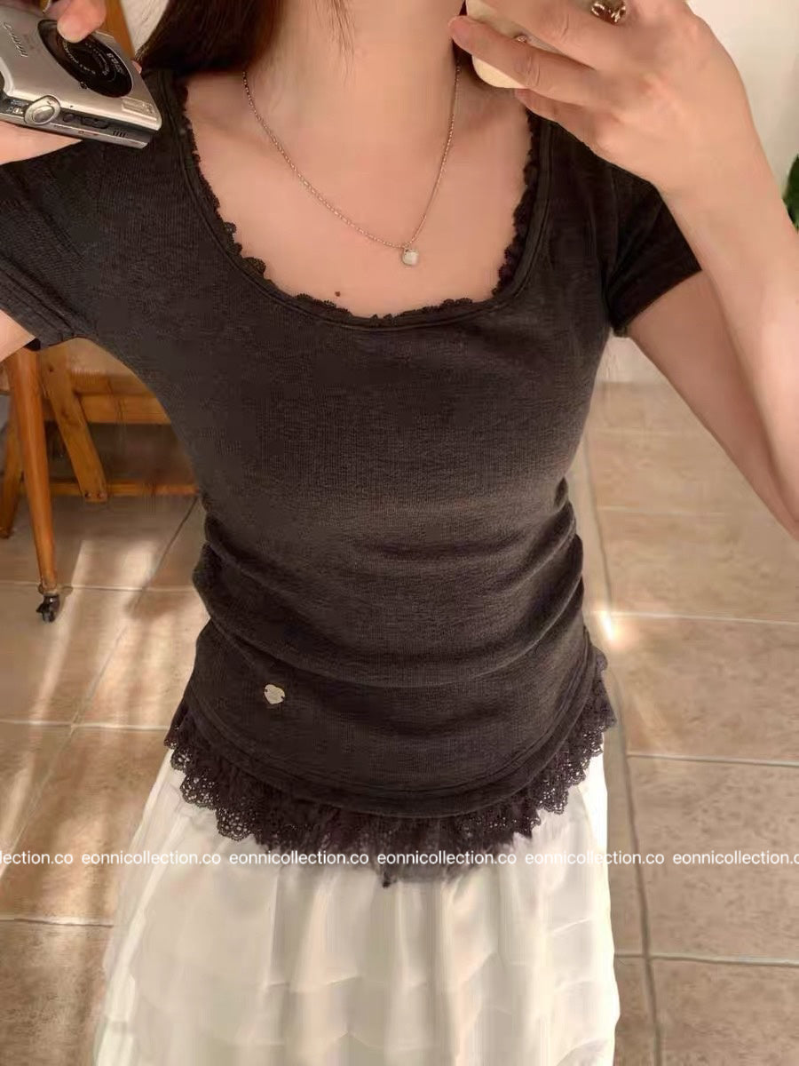 #1059 Lace Paneled Top w/ Lace Tie（2 Colors）