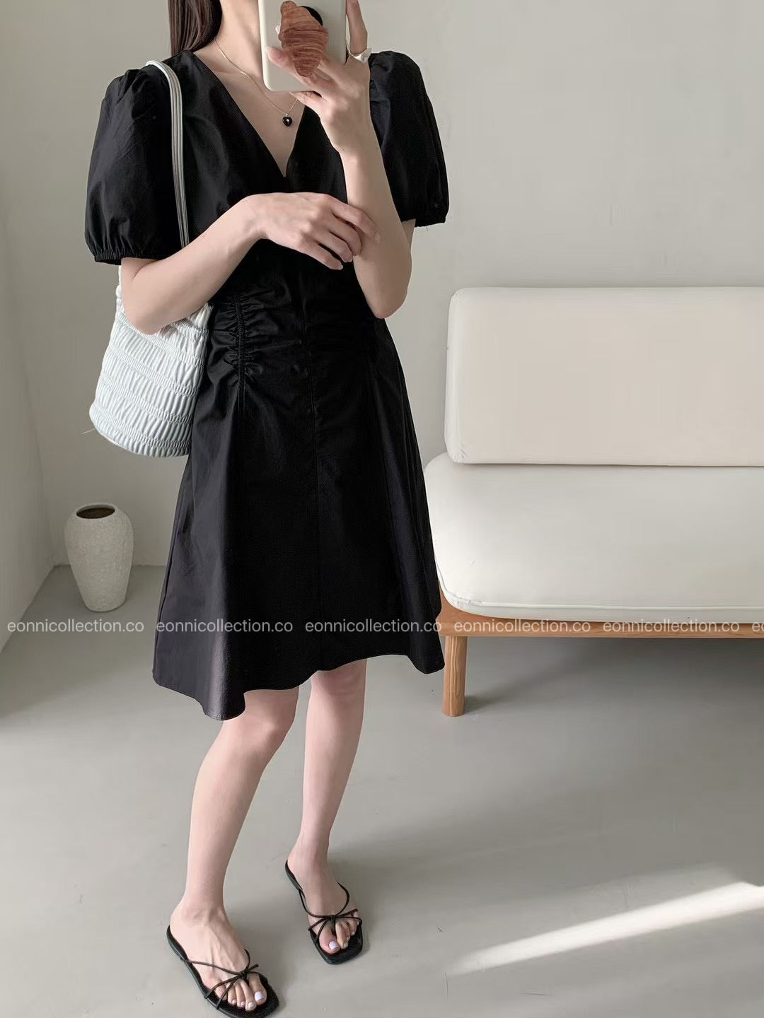 #2095 Korean V Neck Waist Gathered A Line Dress（3 Colors）