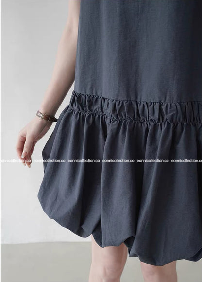 #2055 Casual Bloom Sundress & Matching Hair Tie Set - Dark Blue