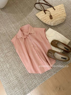 #1002 Ramie Flutter Sleeve Collared Blouse（2 Colors)