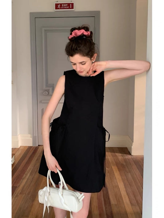 #2030 Korean Style Drawstring Pocket Tank Dress - Black