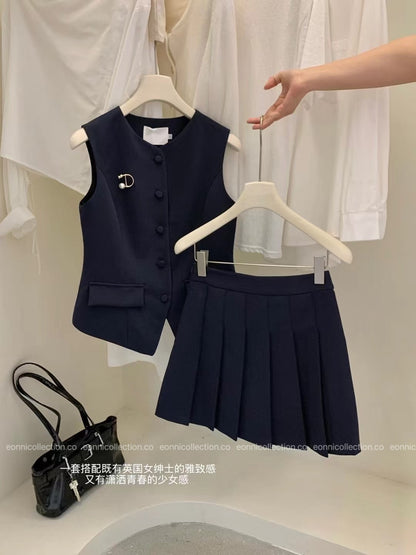 #2098 Modern Sophisticated Vest & Pleated Skirt Set with Brooch