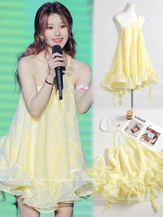 #2099 Zhao Lusi Inspired Yellow Floral Camisole Puff Dress Top