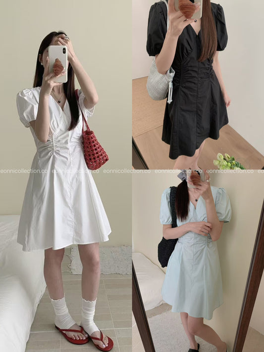 #2095 Korean V Neck Waist Gathered A Line Dress（3 Colors）