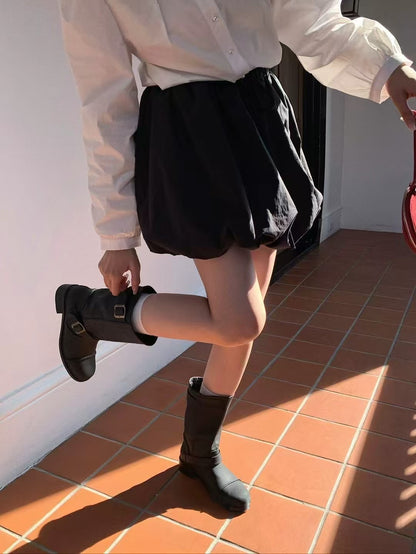 #3016 Chic Bubble Mini Skirt with Built-In Lining Shorts - Black