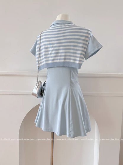#2105 Preppy Polo Dress 3-Piece Set with Brooch（3 Colors）