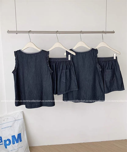 #2107 Colorblock Layered-Look Tank & Denim Shorts Set