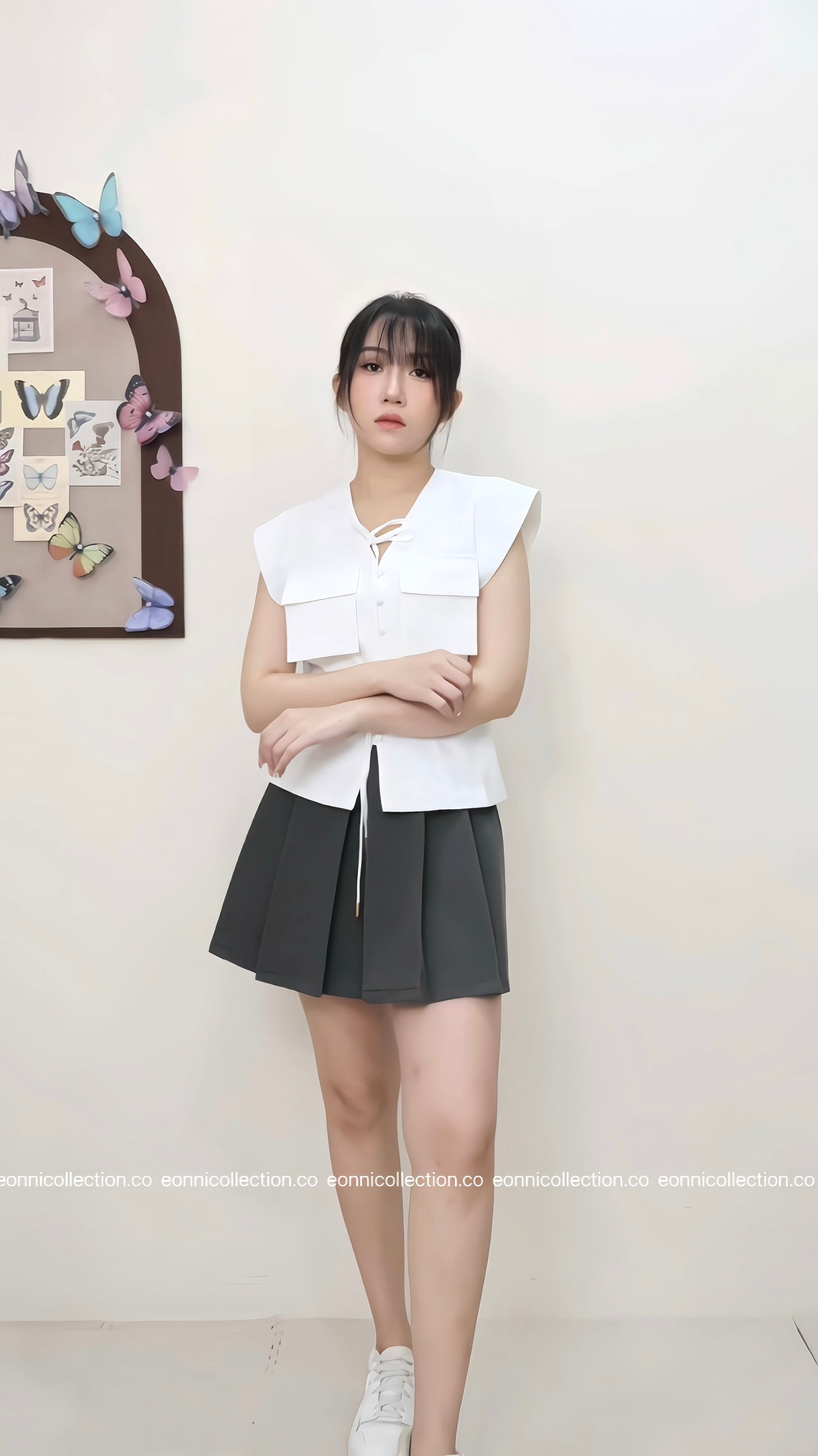 #1064 Tie Front Button Detail Flutter Sleeve Top - White