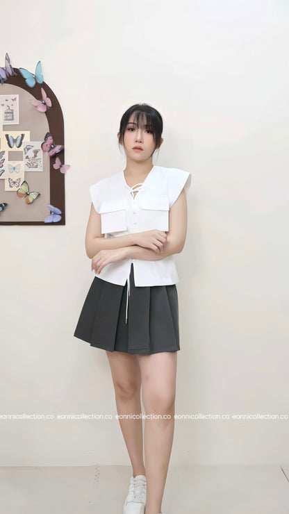 #1064 Tie Front Button Detail Flutter Sleeve Top - White