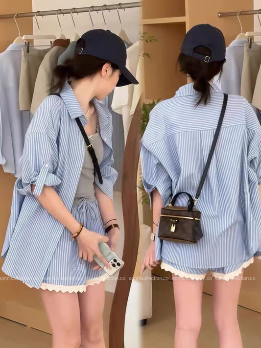 #2089 Effortless Striped Shirt + Sleeveless Camisole + Lace Trim Shorts Set