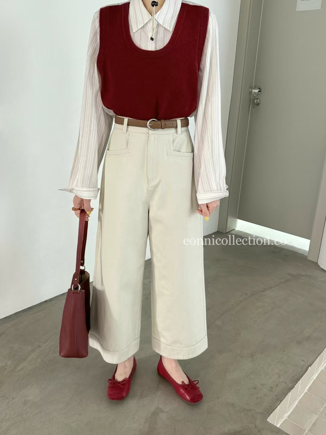 #3011 Korean Style High Waisted Washed Cotton Straight Leg Pants w/ Belt - Apricot Beige