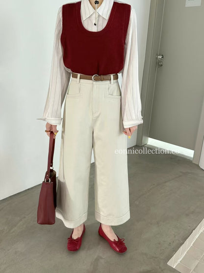 #3011 Korean Style High Waisted Washed Cotton Straight Leg Pants w/ Belt - Apricot Beige