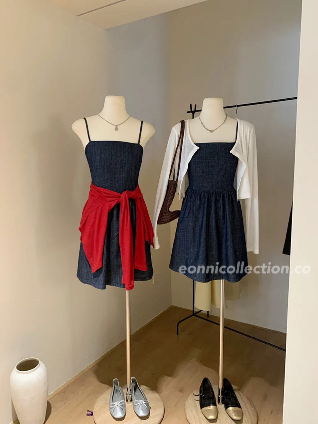 #2007 Soft Denim Cami Dress + Sheer Knit Cardigan | 2-Piece Korean Style Set（2 Colors)