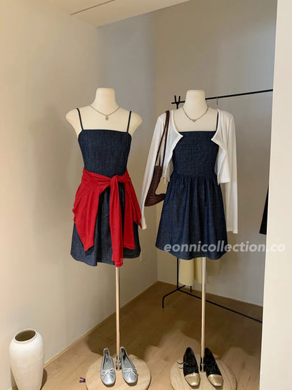 #2007 Soft Denim Cami Dress + Sheer Knit Cardigan | 2-Piece Korean Style Set（2 Colors)
