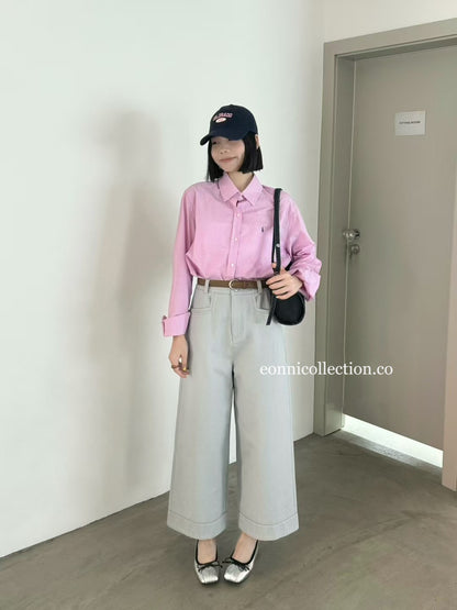 #3011 Korean Style High Waisted Washed Cotton Straight Leg Pants w/ Belt - Haze Blue
