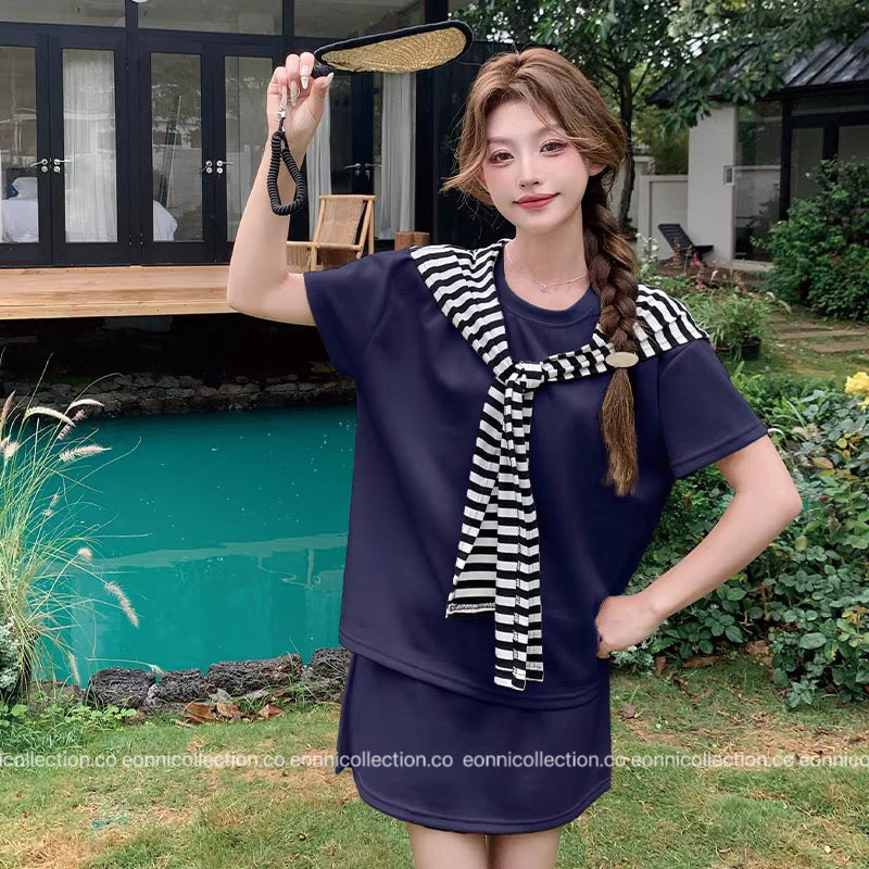 #2061 Korean Style Casual T Shirt + Cover Up High Waist Mini Skirt Three Piece Set（3 Colors）