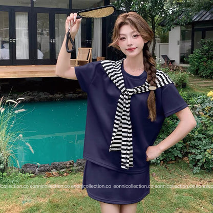 #2061 Korean Style Casual T Shirt + Cover Up High Waist Mini Skirt Three Piece Set（3 Colors）