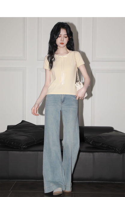 #1048 Bow And Lace Accent T-Shirt （2 Colors）