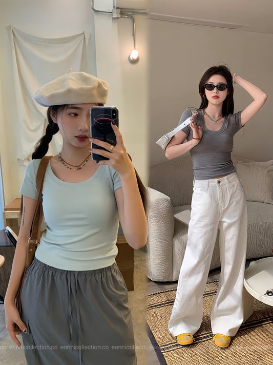 #1085 Slim Fit Tee w/  Wide Round Neck（2  Colors）