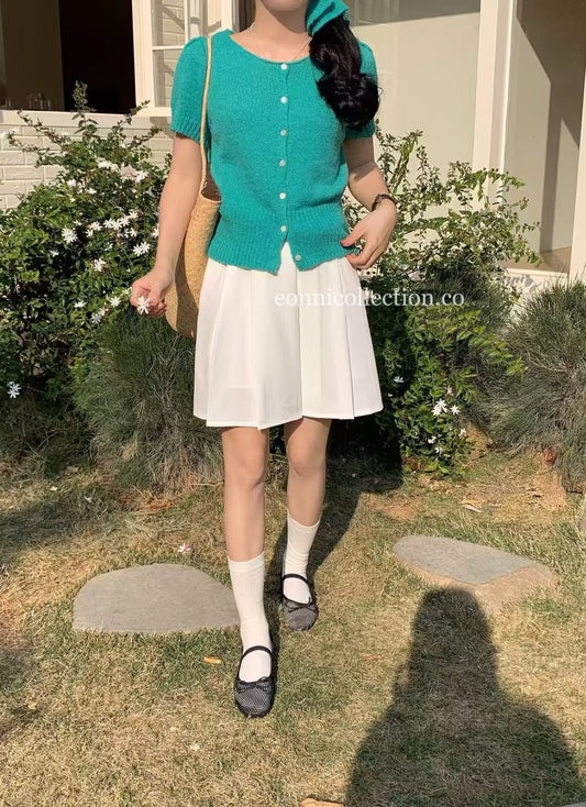 #1025 Korean-Style Lightweight Knit Sweater Short-Sleeve Top With Matching Hair Tie - Green