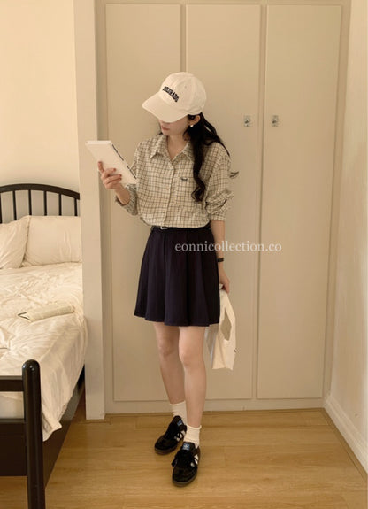 #3014 Flowy Pleated Skirt w/ Belt - Dark Blue