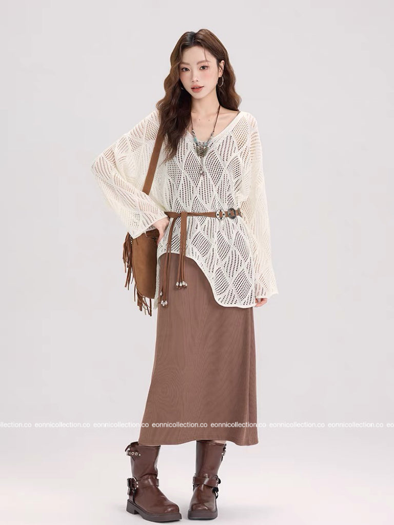 #1102 Knit Crochet-Inspired Belted Top
