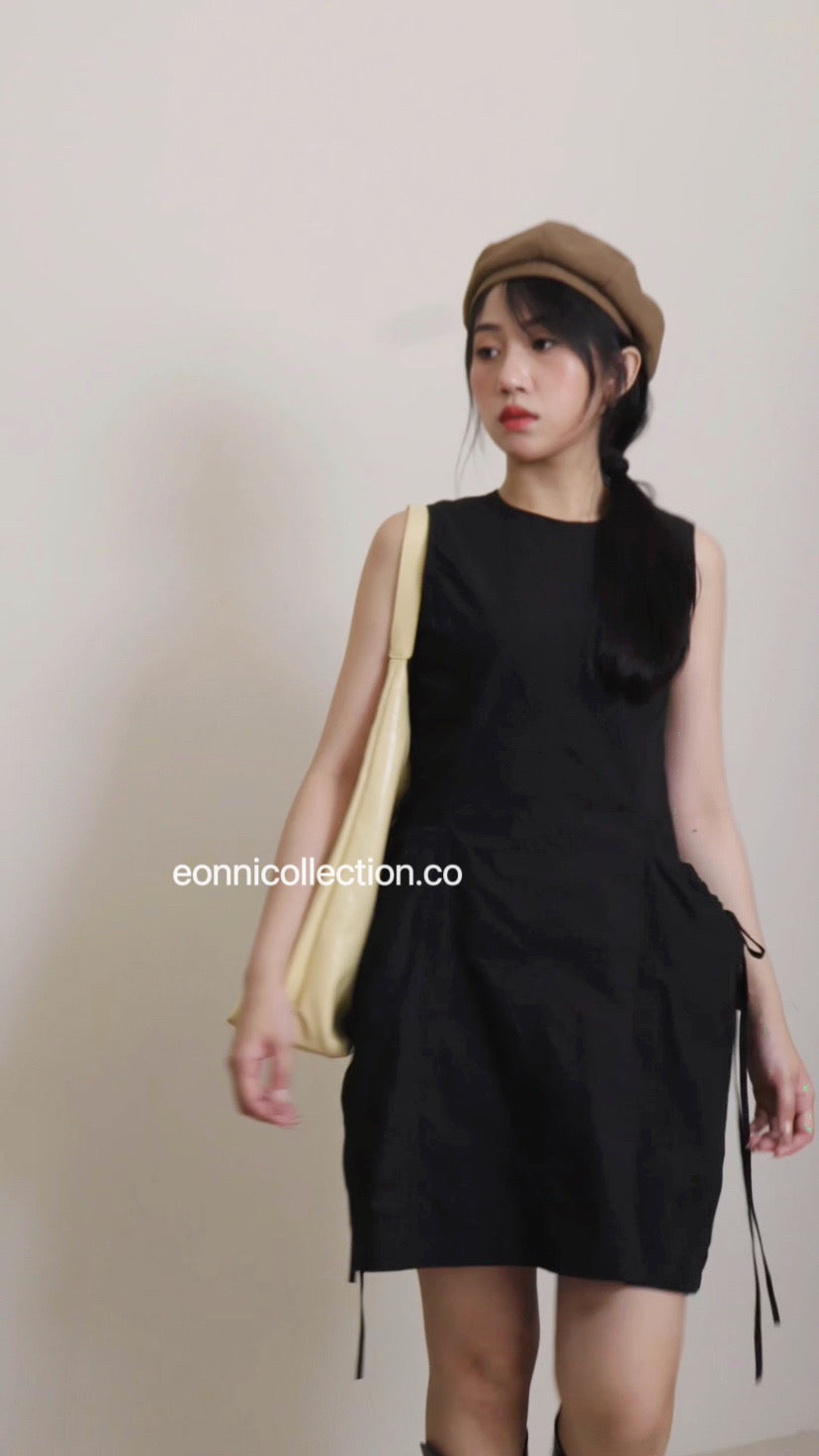 #2030 Korean Style Drawstring Pocket Tank Dress - Black
