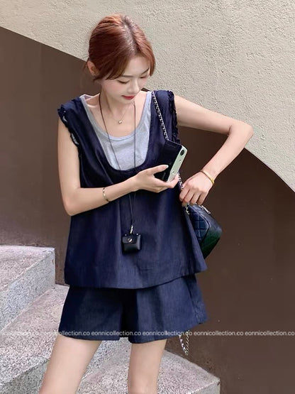 #2107 Colorblock Layered-Look Tank & Denim Shorts Set