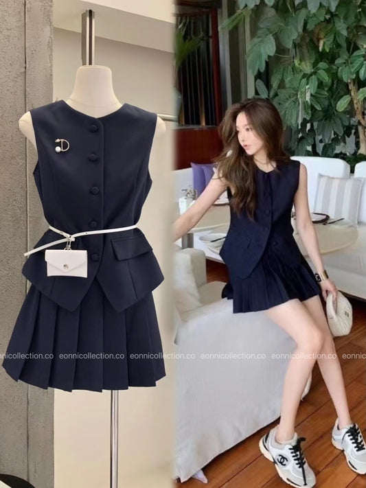 #2098 Modern Sophisticated Vest & Pleated Skirt Set with Brooch