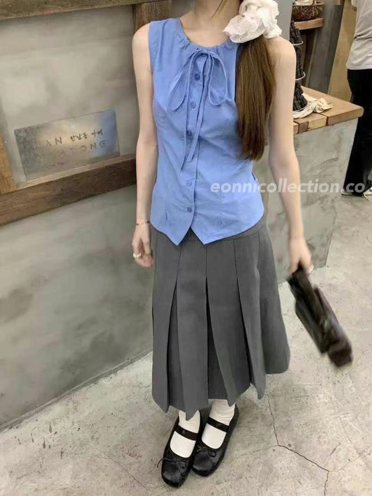#1017 French Chic Sleeveless Tie Blouse（2 Colors)