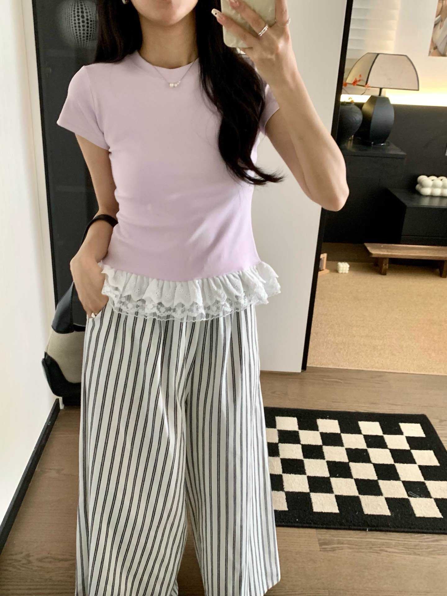 #1034 Lace-Paneled Cotton Tee - Purple